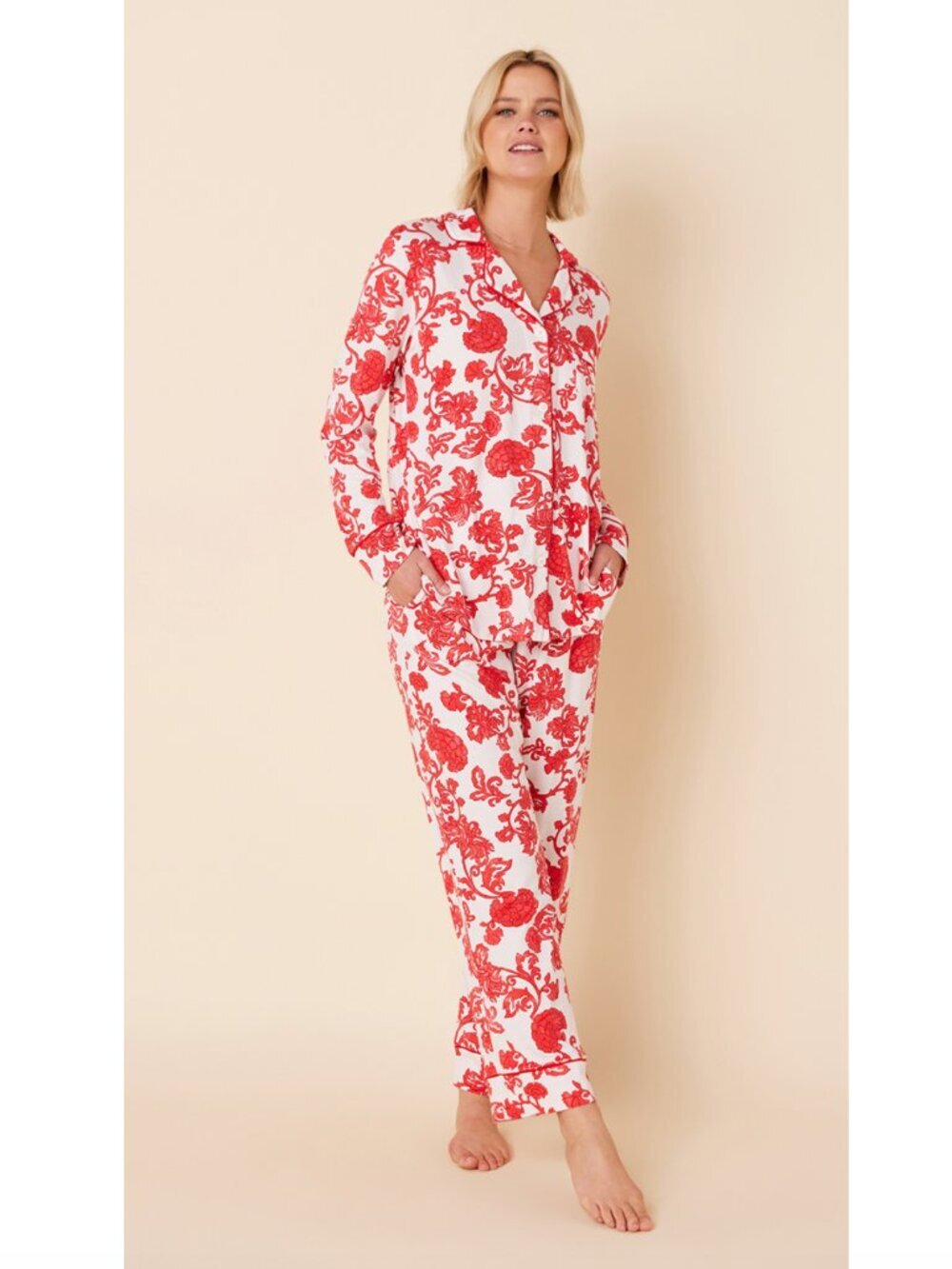 The Cat's Pajamas Chrysantheme Pima Knit Cotton Classic Pajama Set in Red